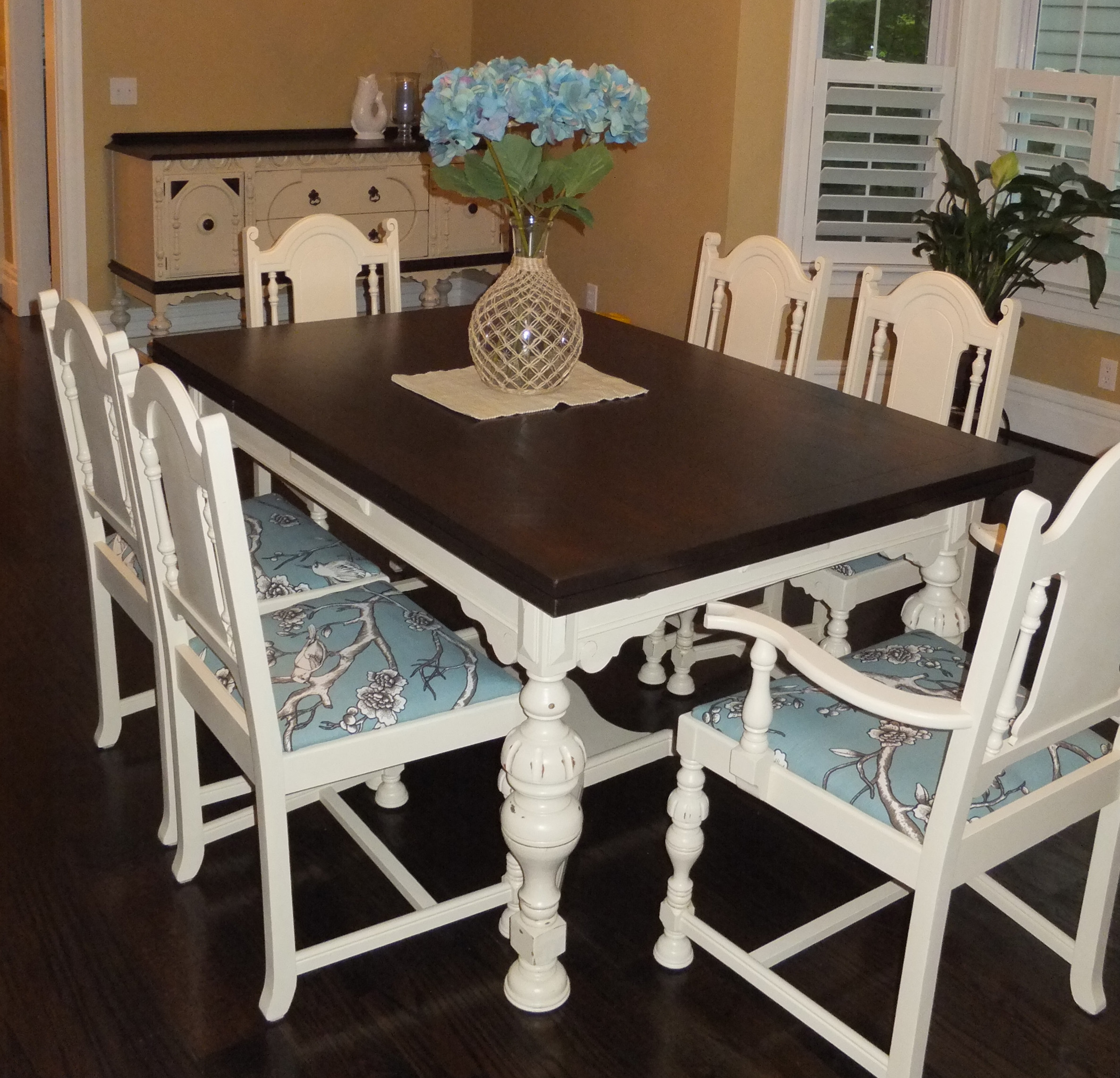 Dining Room Table and Chair Set in Java Gel Stain and Linen Milk Paint