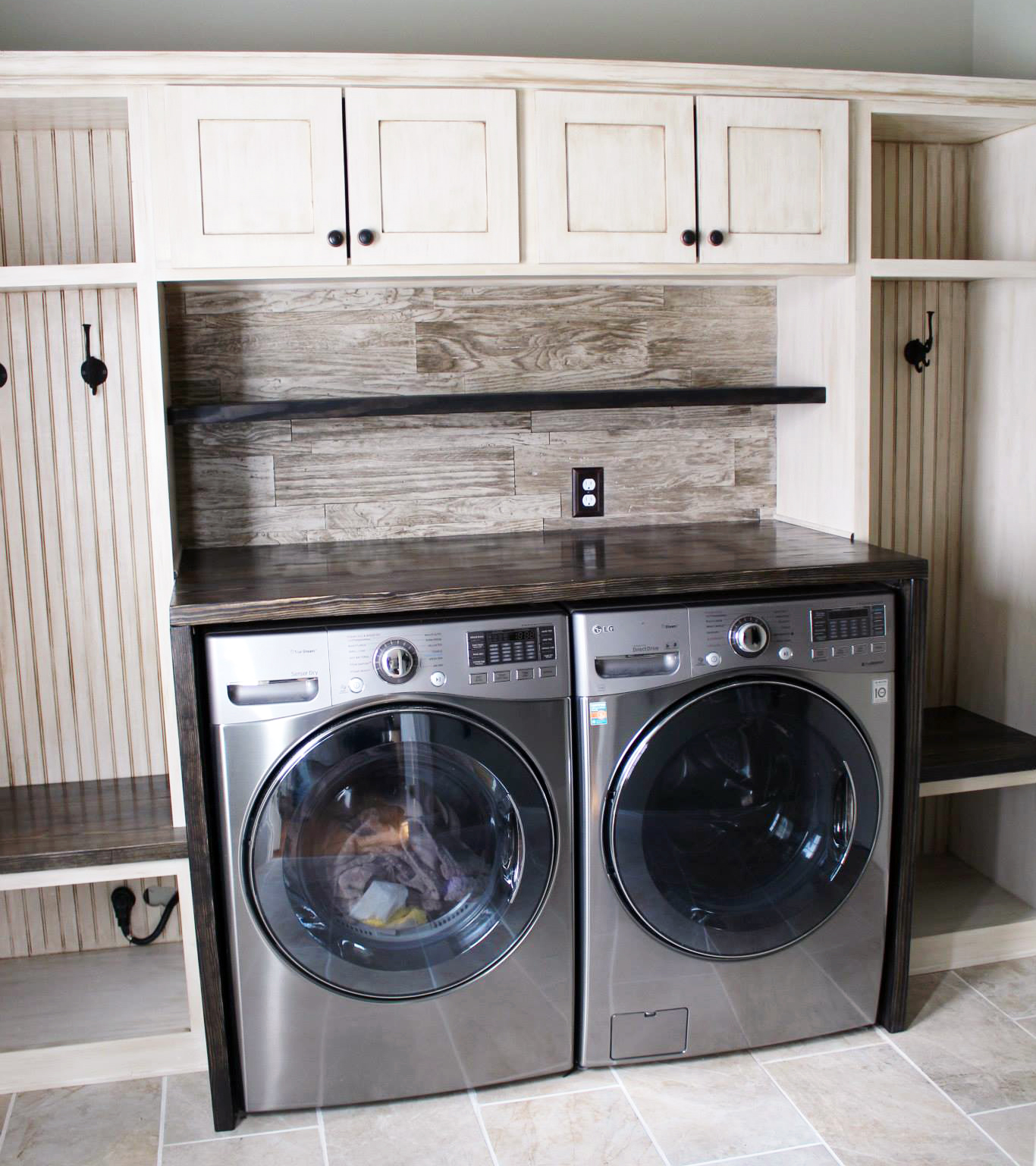 Glazed Antique White Laundry Room Cabinets General Finishes