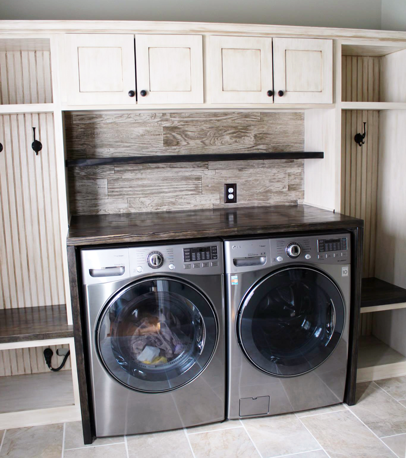 Glazed Antique White Laundry Room Cabinets General Finishes Design Center   Rustic Charm Creations General Finishes June 2016 Retailer Of The Month Image5 