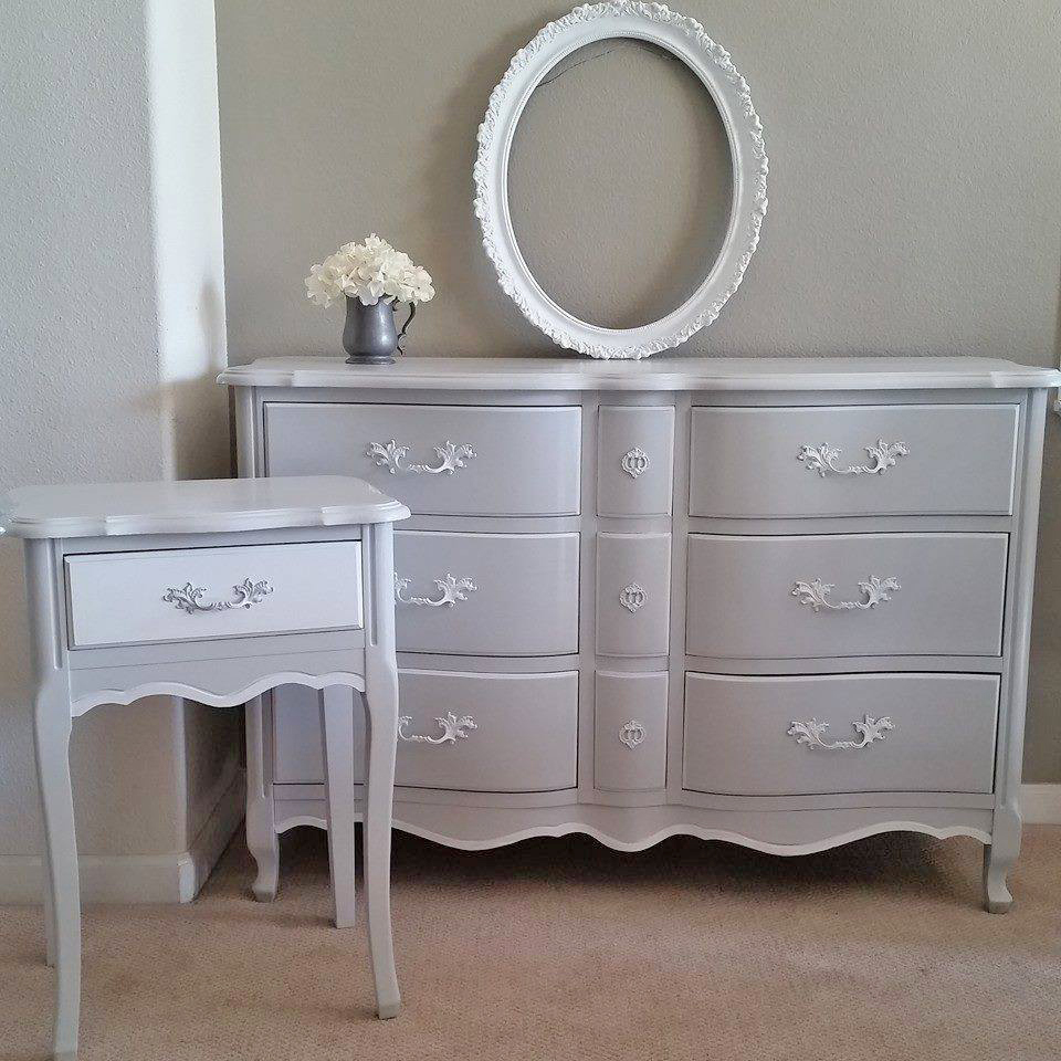 Bedroom Dresser and End Table Set in a Seagull Gray and Snow White Milk ...