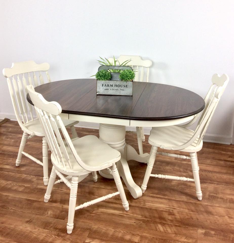 Solid Oak Table Set in Antique White & Espresso