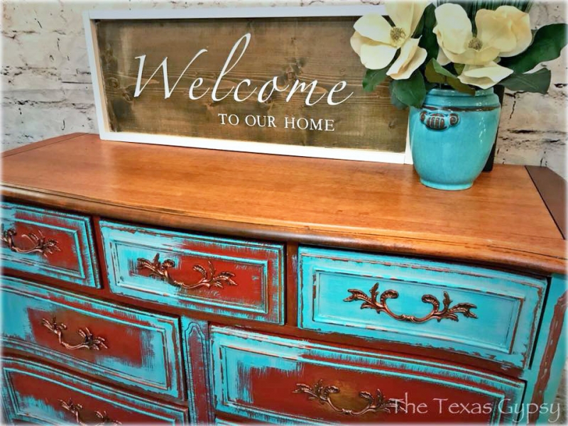 copper topper and patina green dresser